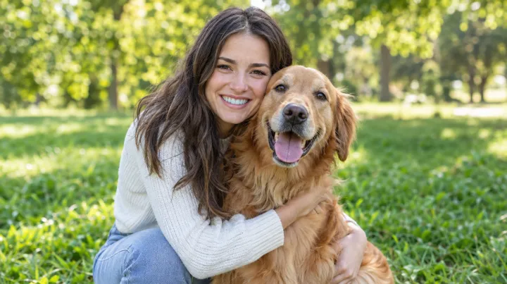 Woman hugging a golden retriever