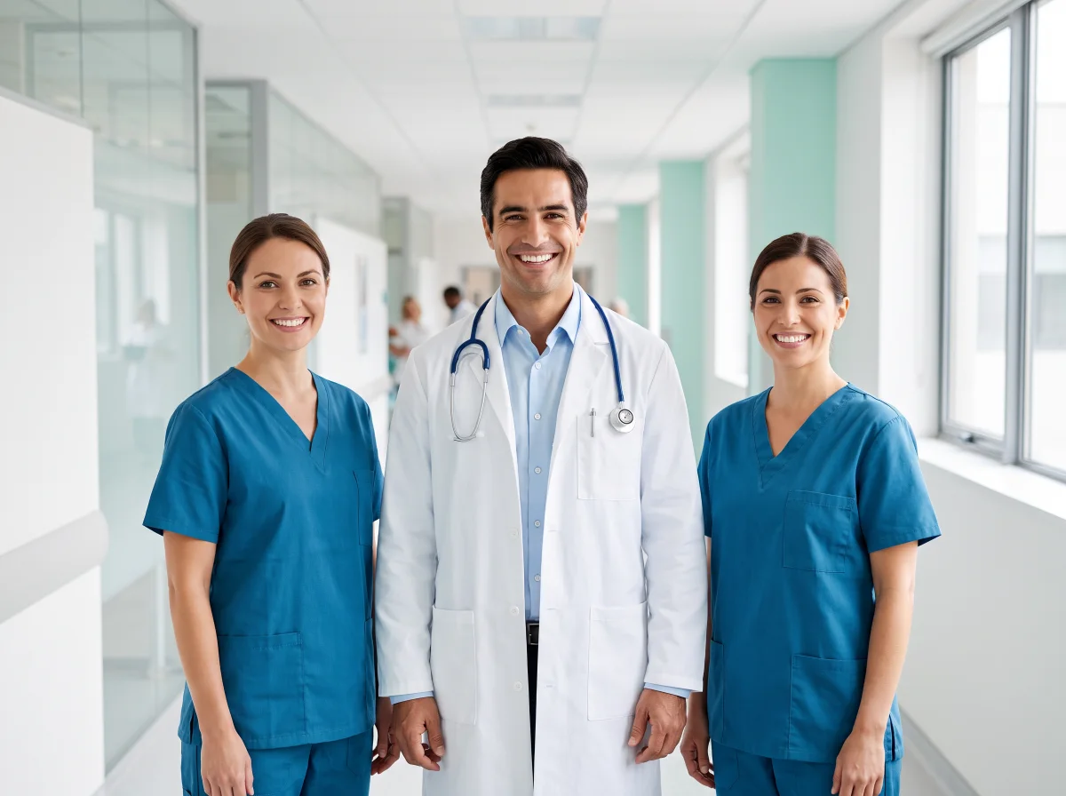 Doctor and nurses walking through a bright hospital corridor