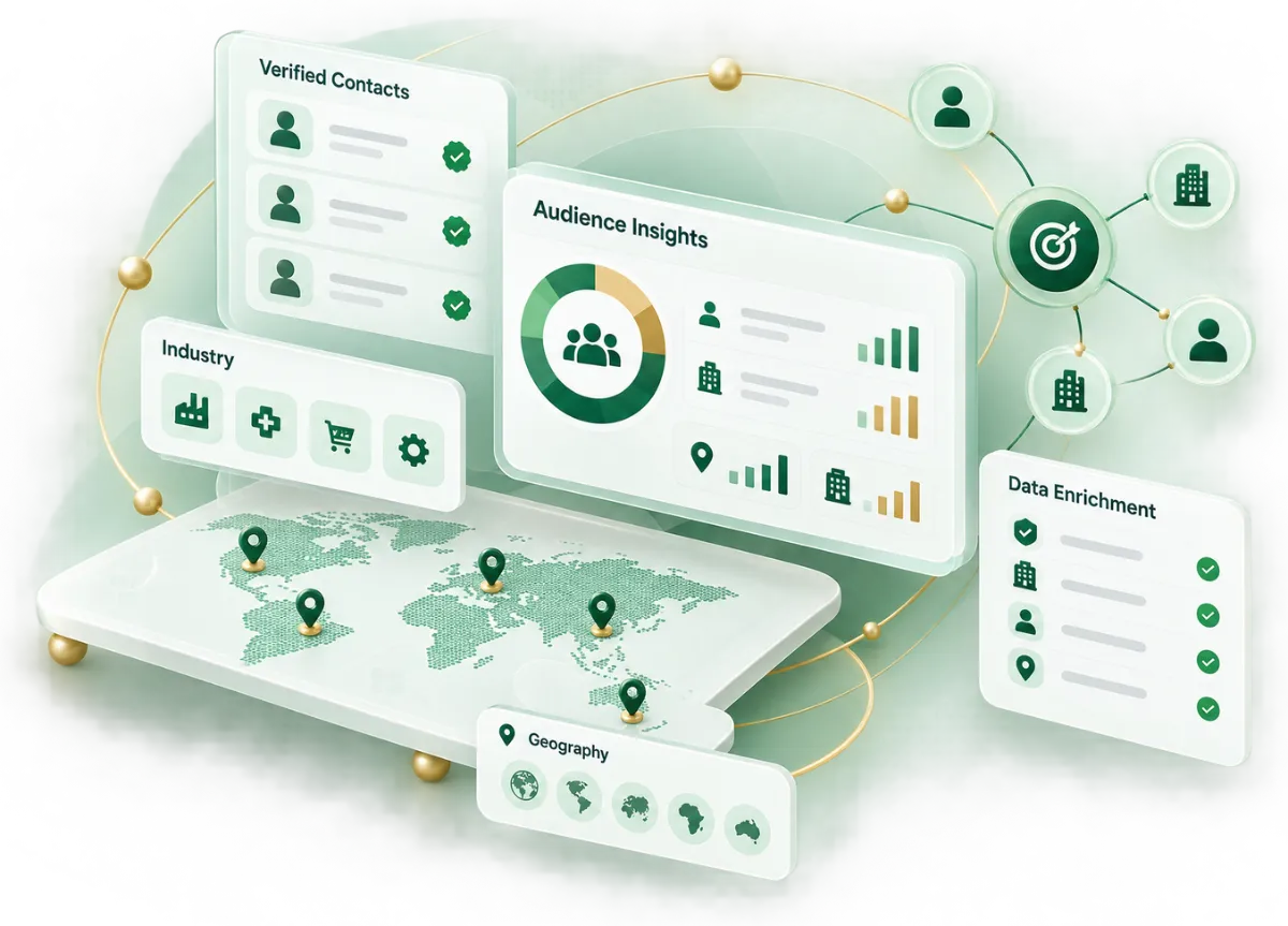 Audience intelligence dashboard showing verified contacts, industry, geography, audience insights and data enrichment over a world map