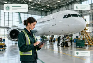 An aviation operations professional beside an aircraft in a hangar with subtle business data overlays