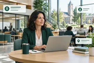 A modern campus learning commons with an administrator and subtle institution data overlays