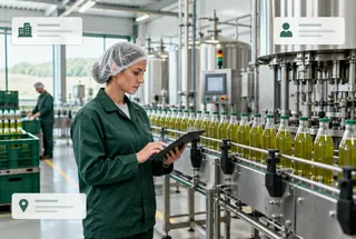 A clean food and beverage production facility with subtle company and role data overlays