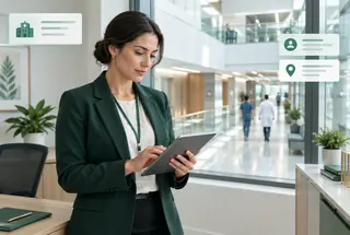 A healthcare administrator in a hospital workspace with subtle company and role data overlays