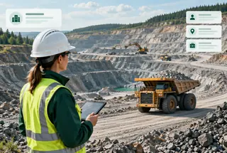 A quarry and mining machinery with an engineering professional and subtle business data overlays