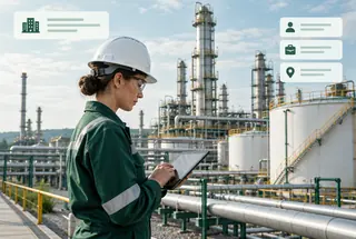 An industrial energy facility with a technical professional and subtle company data overlays