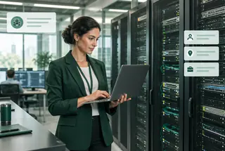 An IT professional in a modern server workspace with subtle company and technology data overlays