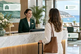 A modern hotel reception and coastal travel setting with subtle hospitality company data overlays