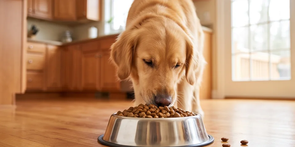 Golden retriever eating from a food bowl