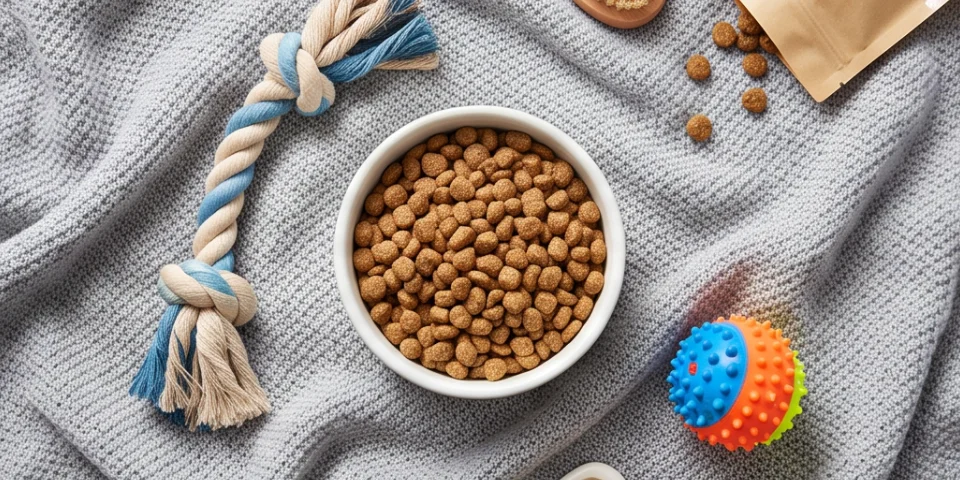Pet toys, bowl and supplies