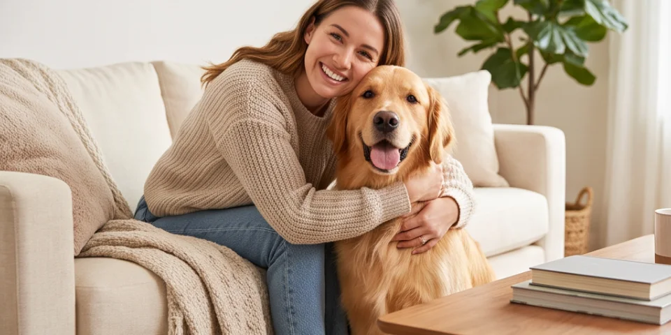 Woman hugging her dog at home
