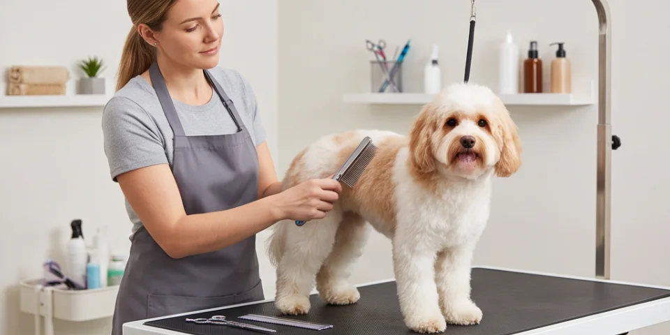 Groomer brushing a small dog