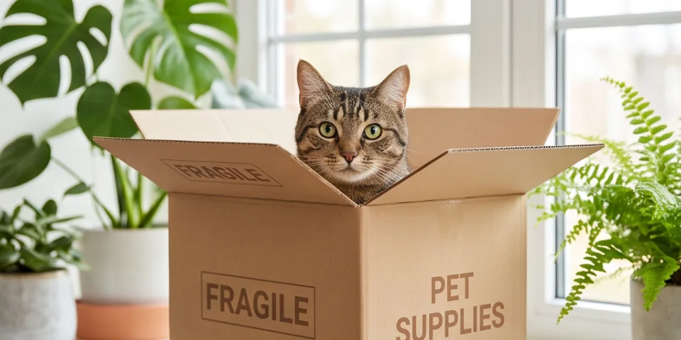 Cat peeking out of a delivery box
