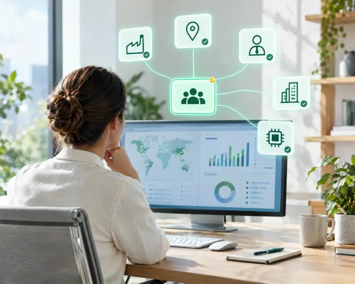 A marketing analyst reviewing audience targeting, with overlays for industry, geography, job role, company and technology