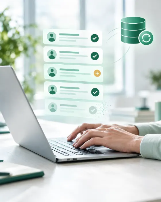 Contact records being verified on a laptop, with an enrichment badge, a duplicate being removed and a database refreshing