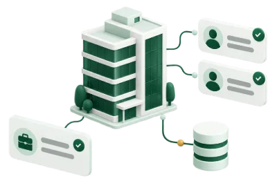 3D illustration of an office building linked to verified business contact cards, a company profile and a database
