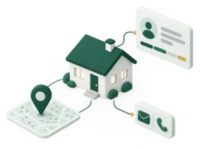 3D illustration of a home linked to a consumer profile card, a map pin and email and phone contact