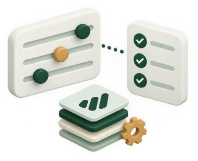 3D illustration of a control panel with sliders feeding a checklist, with layered data and a settings gear