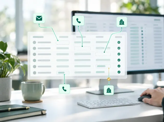 A desk with a data table overlay whose missing cells are being filled with email, phone and company details