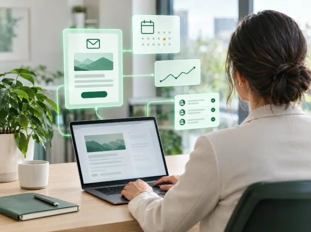 A marketer working on a laptop with overlays for an email layout, a send schedule, an engagement chart and a targeted audience list