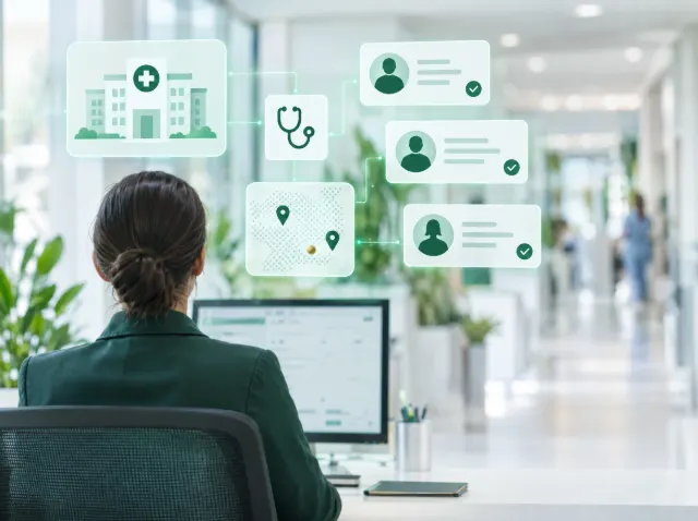 A healthcare office with overlays for a hospital profile, healthcare professional contacts and map markers