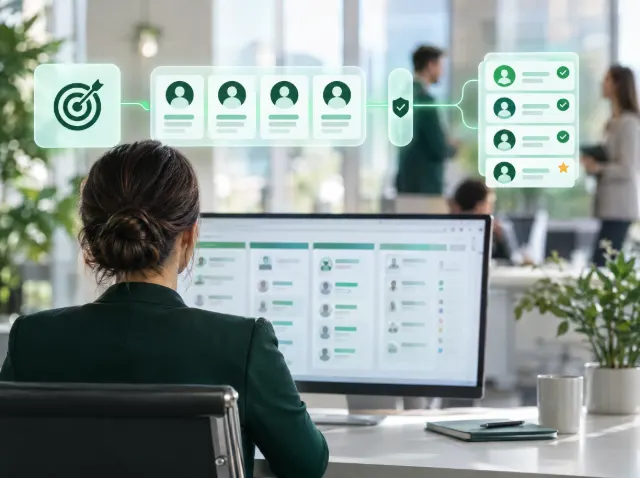 A sales professional reviewing a prospect pipeline, with overlays showing contacts passing verification into qualified leads